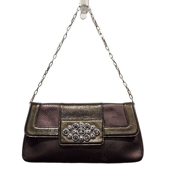 Brighton Bronze Snake Embossed Leather Jeweled Medallion Fold Over Clutch - Picture 1 of 13